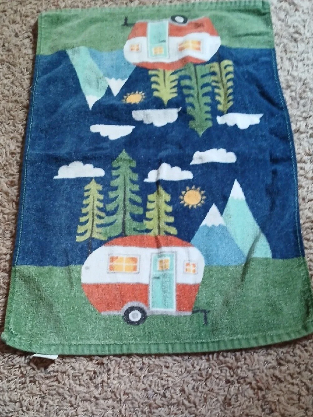Camping Camper Print Kitchen Towel - Green & Navy